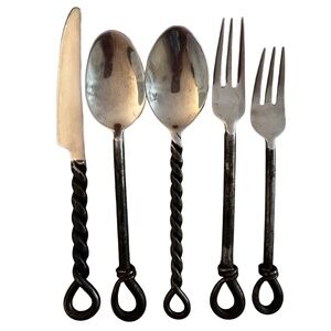 Hand Forged Cutlery Set (set of 5) Silver-tone Twisted Handles Antique